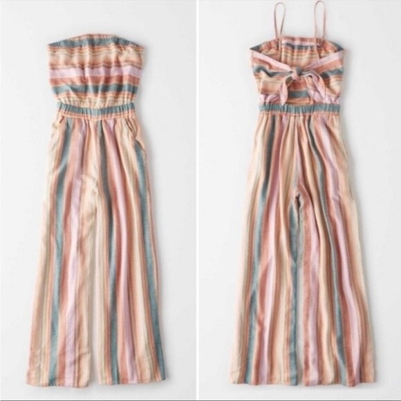 NWT American Eagle Striped Tie Back Tube Linen Jumpsuit - Picture 2 of 16